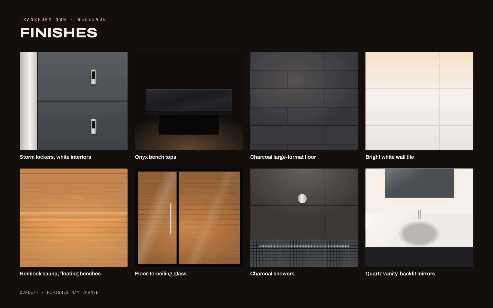 Locker room finishes: lockers, bench, floor and wall tile, sauna, glass, showers, vanity