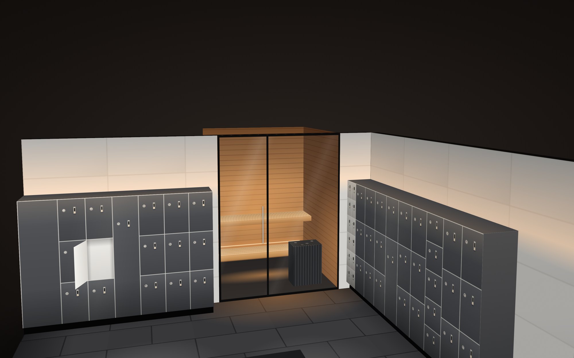 Concept rendering: full-size sauna with floor-to-ceiling glass and floating benches