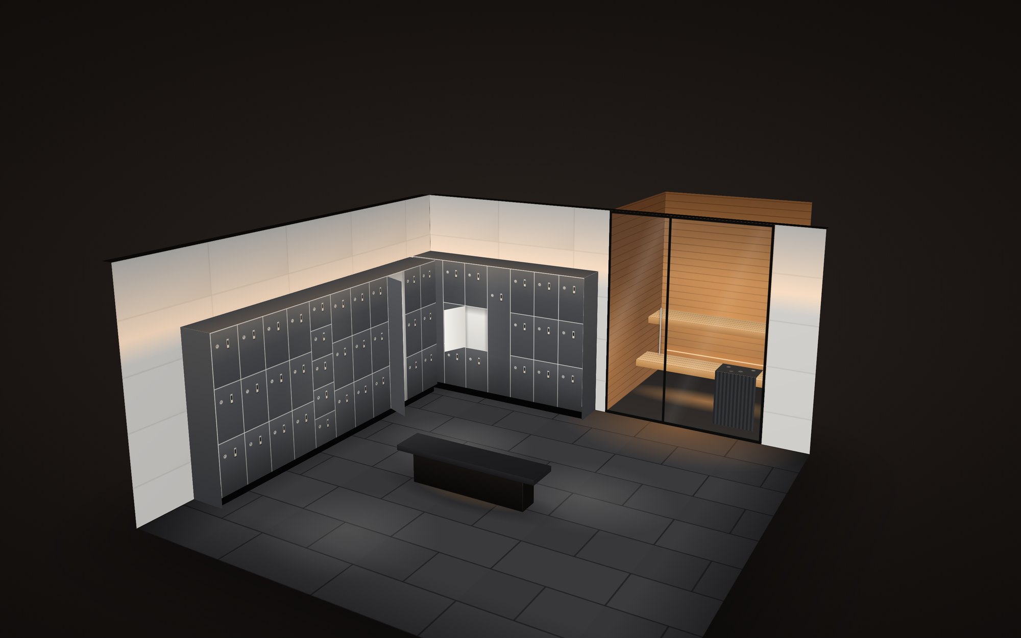 Concept rendering: locker room with Storm lockers and a glass-front sauna
